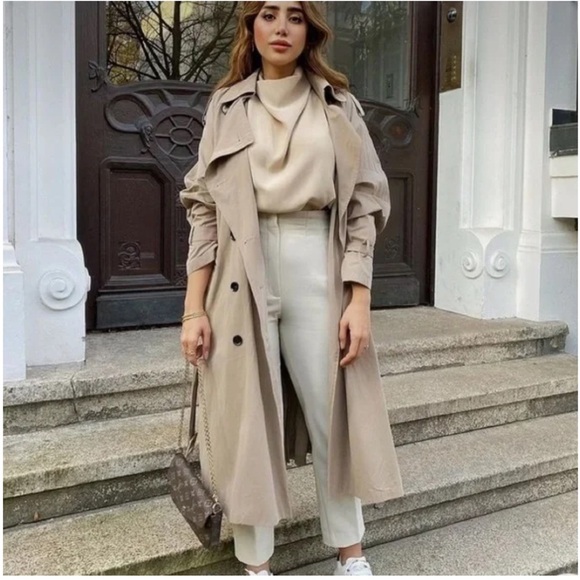 Tan beige button front belted midi trench coat - Picture 5 of 8